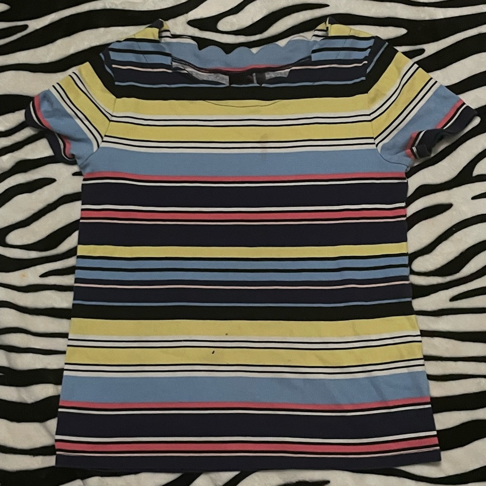 For $5, a colorful striped t-shirt. Stains but no rips
